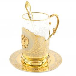 Чайная пара &amp;quot;Гербовая&amp;quot; подстаканник 260 мл на блюдце с ложкой Златоуст