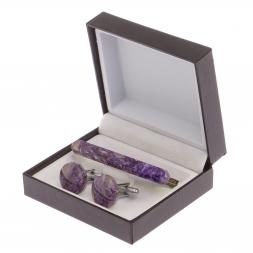 Набор запонки круглые и зажим для галстука камень чароит