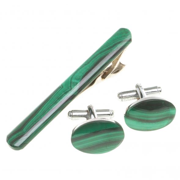 Набор запонки овальные и зажим для галстука малахит 123842