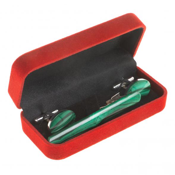 Набор запонки овальные и зажим для галстука малахит 123842