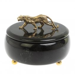 Шкатулка круглая "Гепард" из черного змеевика 15х15х12 см