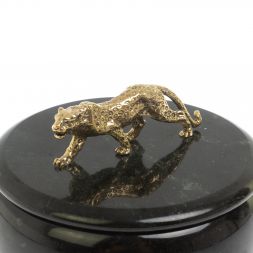 Шкатулка круглая "Гепард" из черного змеевика 15х15х12 см