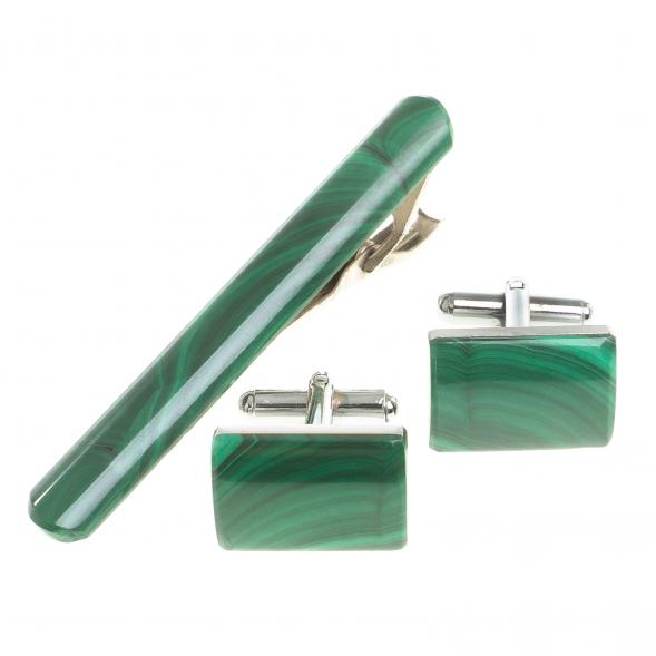 Набор запонки прямоугольные и зажим для галстука малахит 123843