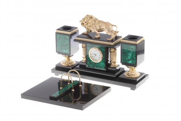 Настольный прибор &amp;quot;Рычащий лев&amp;quot; камень малахит 124272