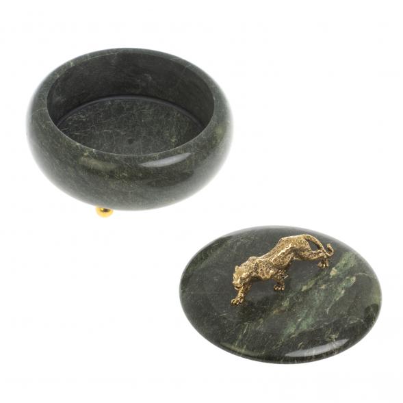 Шкатулка круглая &amp;quot;Гепард&amp;quot; из шабровского змеевика 15х15х12 см 127630