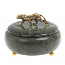 Шкатулка круглая &amp;quot;Гепард&amp;quot; из шабровского змеевика 15х15х12 см