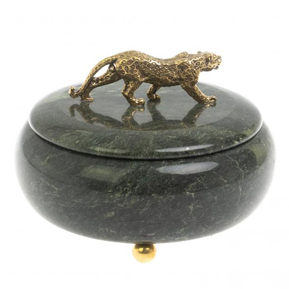 Шкатулка круглая &amp;quot;Гепард&amp;quot; из шабровского змеевика 15х15х12 см 127630