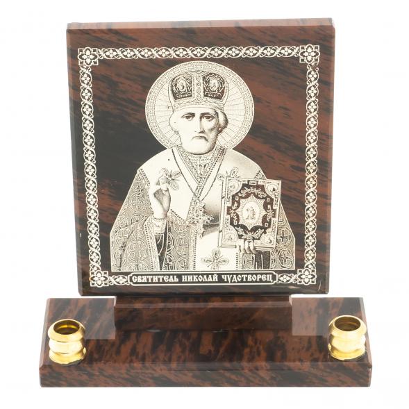 Икона настольная &amp;quot;Св. Николай Чудотворец&amp;quot; из обсидиана с подсвечниками 122896