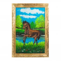 Картина из каменной крошки "Вороной жеребец" багет 49х69 см