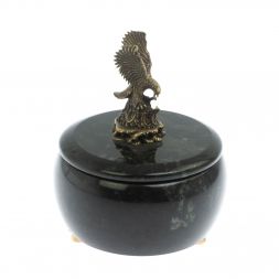 Шкатулка круглая "Орел" из черного змеевика 10,5х10,5х13,5 см