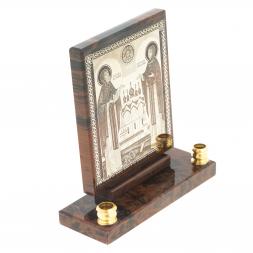 Икона настольная &amp;quot;Св. Петр и Св. Феврония&amp;quot; из обсидиана с подсвечниками