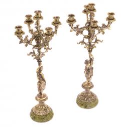 Бронзовые канделябры "Диана" 10 свечей на подставке из змеевика