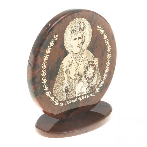 Икона настольная &amp;quot;Св. Николай Чудотворец&amp;quot; камень обсидиан 6х2,5х6,5 см 123021