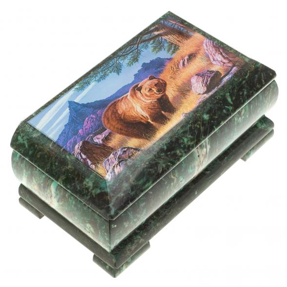 Шкатулка с иллюстрацией &amp;quot;Медведь в горах&amp;quot; камень змеевик 17,5х9,5х7,5 см 124028