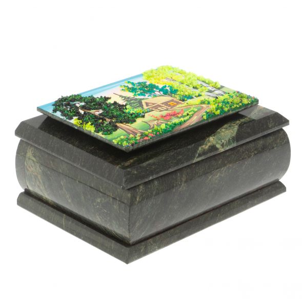 Шкатулка с рисунком &amp;quot;Летний домик в лесу&amp;quot; из змеевика 16х12х7,5 см 127481