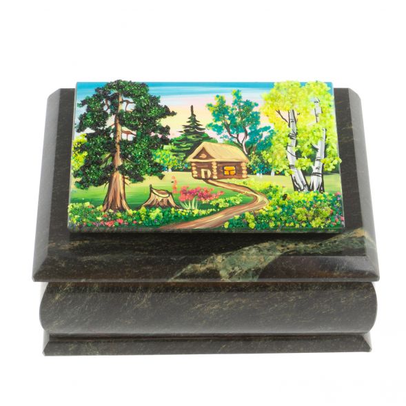 Шкатулка с рисунком &amp;quot;Летний домик в лесу&amp;quot; из змеевика 16х12х7,5 см 127481