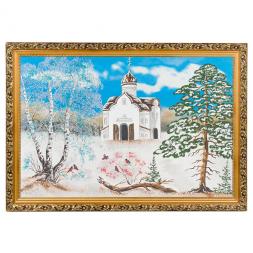 Картина &amp;quot;Церковь и снегири&amp;quot; багет 46х66 см, каменная крошка