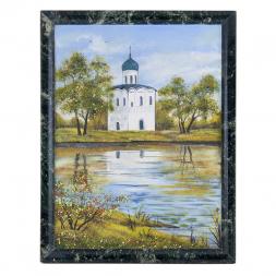 Картина &amp;quot;Церковь на берегу&amp;quot; рамка змеевик 36х46 см, каменная крошка