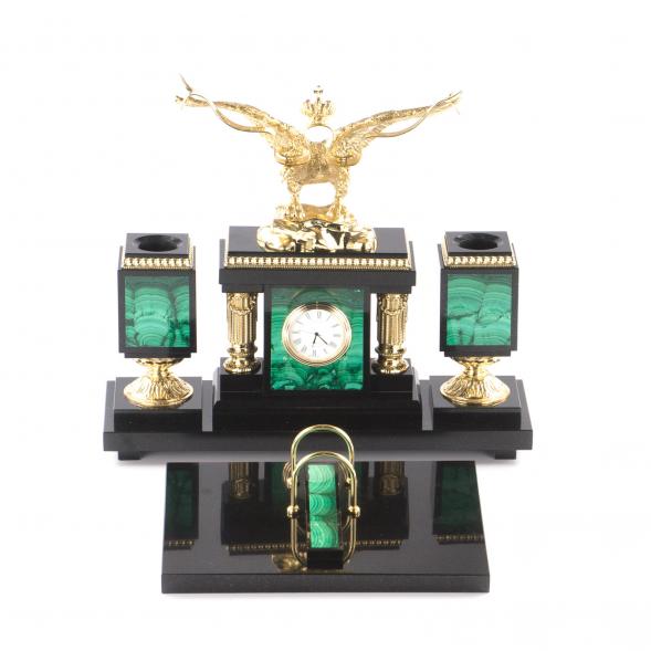 Письменный набор &amp;quot;Двуглавый орел&amp;quot; из натурального малахита с бронзовым литьем 121166