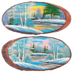 Панно на срезе дерева &amp;quot;Зима&amp;quot; горизонтальное 45-50 см каменная крошка