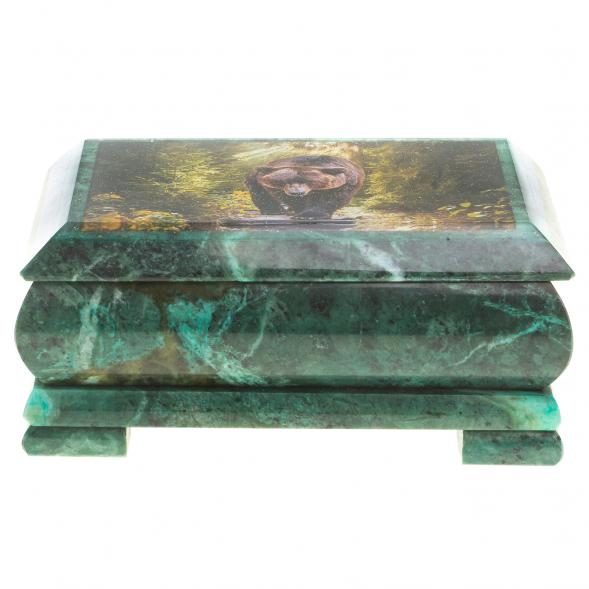 Шкатулка с иллюстрацией &amp;quot;Медведь в еловом лесу&amp;quot; камень змеевик 17,5х9,5х7,5 см 124034