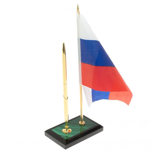 Подставка под ручку с флагом РФ из малахита 11х6х25 см 129528