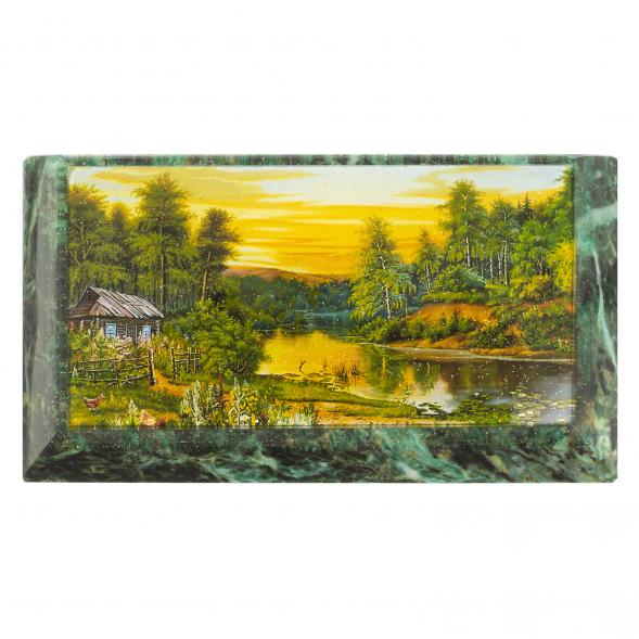 Шкатулка с иллюстрацией &amp;quot;Домик на берегу реки&amp;quot; камень змеевик 17,5х9,5х7,5 см 124035