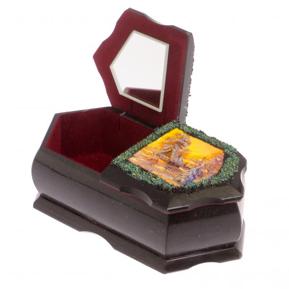 Шкатулка с двумя отсеками &amp;quot;Хозяйка медной горы / Домик в зимнем лесу&amp;quot; черный змеевик 20х10х7,5 см 125418