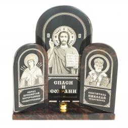 Икона триптих большая "Спаситель, Семистрельная, Николай" камень обсидиан
