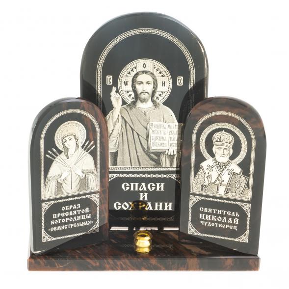 Икона триптих большая &amp;quot;Спаситель, Семистрельная, Николай&amp;quot; камень обсидиан 122913