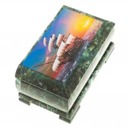 Шкатулка с иллюстрацией &amp;quot;Парусник&amp;quot; камень змеевик 17,5х9,5х7,5 см