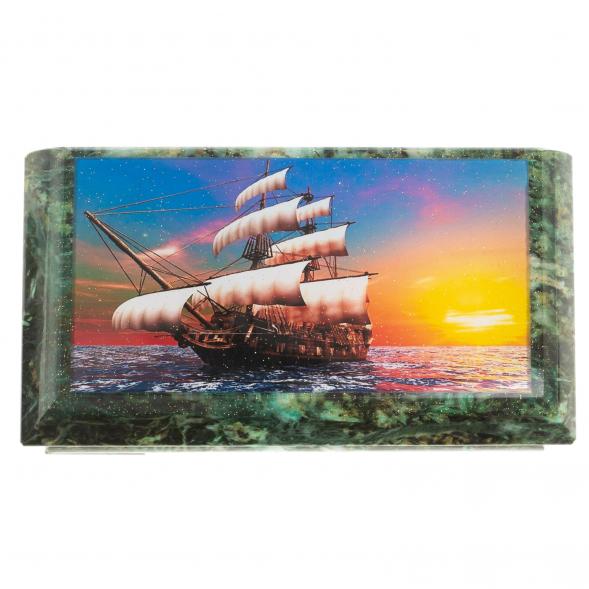 Шкатулка с иллюстрацией &amp;quot;Парусник&amp;quot; камень змеевик 17,5х9,5х7,5 см 124036