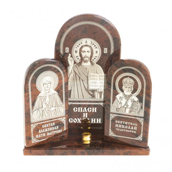Икона триптих большая &amp;quot;Спаситель, Матрона, Николай&amp;quot; камень обсидиан 122914