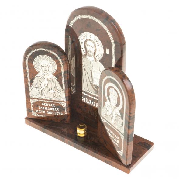 Икона триптих большая &amp;quot;Спаситель, Матрона, Николай&amp;quot; камень обсидиан 122914