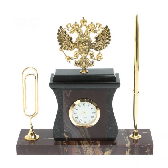 Настольный набор с ручкой и скрепкой &amp;quot;Герб&amp;quot; из яшмы 128275