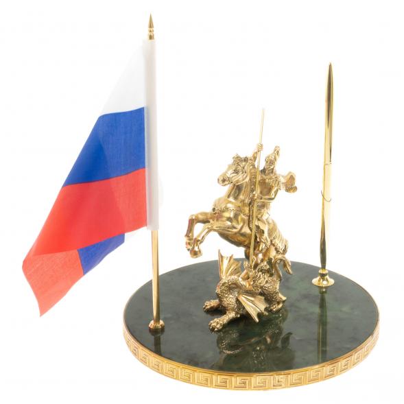 Статуэтка &amp;quot;Георгий Победоносец&amp;quot; с флагом РФ на нефрите 20х20х27 см 129798