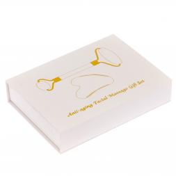 Подарочный набор роликовый массажер и скребок гуаша из розового оникса