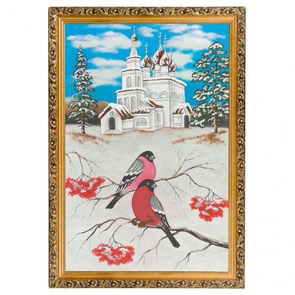 Картина &amp;quot;Церковь и снегири&amp;quot; багет 46х66 см, каменная крошка 119321