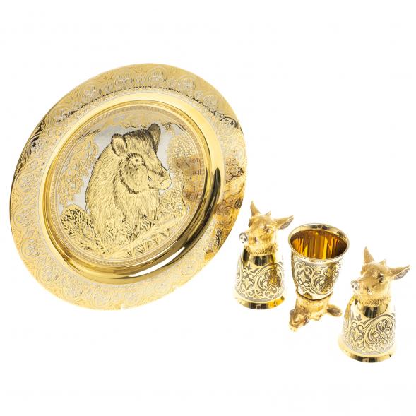 Подарочный набор &amp;quot;Кабан&amp;quot; тарелка и 3 стопки перевертыша Златоуст 123690