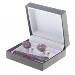 Набор запонки овальные и зажим для галстука камень чароит