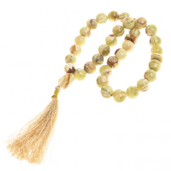 Четки из оникса зелено-коричневые 35 бусин круглые с кисточкой 123965