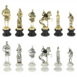 Шахматы "Русь" из мрамора и змеевика на каменных подставках 44х44 см