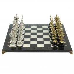 Шахматы "Русь" из мрамора и змеевика на каменных подставках 44х44 см