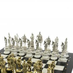 Шахматы "Русь" из мрамора и змеевика на каменных подставках 44х44 см