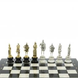 Шахматы "Русь" из мрамора и змеевика на каменных подставках 44х44 см