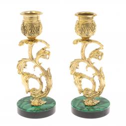 Набор подсвечников 2 шт из бронзы на подставке из малахита