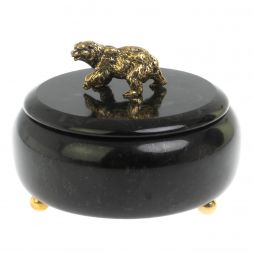 Шкатулка круглая "Медведь" из черного змеевика 15х15х11 см