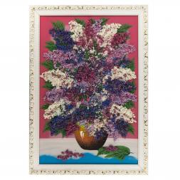 Картина с рисунком из камня "Сирень на столе" 47х67 см багет розовый фон