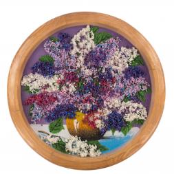 Картина с рисунком из камня "Сирень в горшке" на тарелке 40 см из дерева