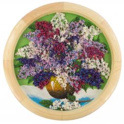 Картина с рисунком из камня "Натюрморт сирень в вазе" на тарелке 40см из дерева